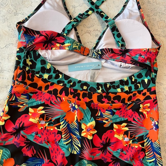 Red and Orange One Piece Swimsuit with‎ Plunging V-Neck - Picture 8 of 11